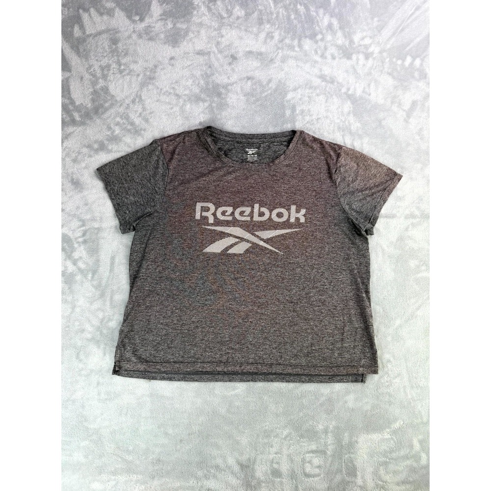 Reebok T-Shirt Womens Medium Heather Gray Graphic Print Logo Casual Activewear